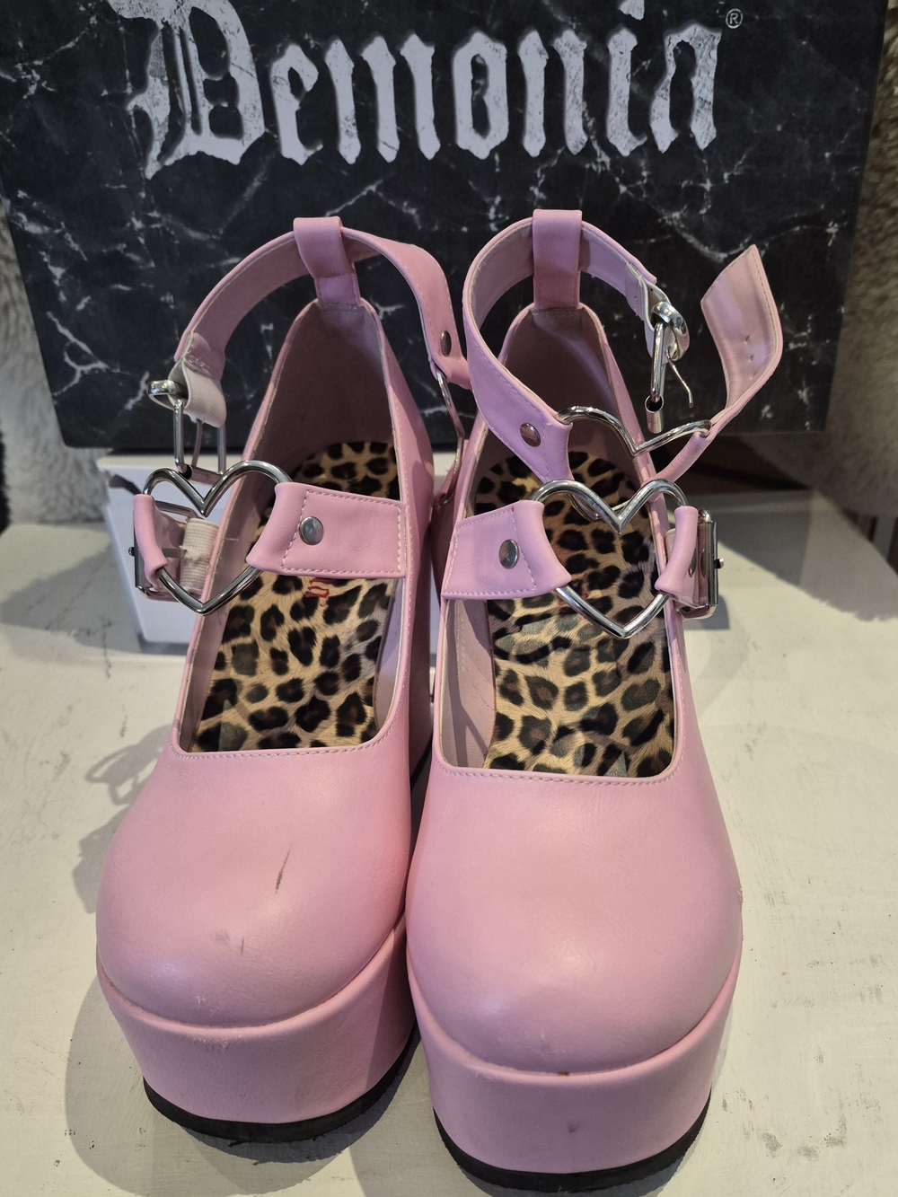 Demonia Pink Platform Mary Janes with Heart Buckles